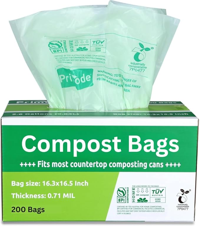 Compost Bags, Compostable Trash Bags 2.6 Gallon Compostable Bags, Small Compost Bags for Countertop bin Extra Thick 0.71 Mil. ASTM D6400 Certified By BPI and TÜV AUSTRIA (2.6 Gallon, 200 Units)