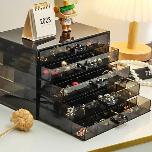YUFONG Earring Storage Box Organizer, Acrylic Jewelry Storage Box Holder 5 Drawers Transparent Jewelry Display Stand with 120 Small Compartments Gift Boxes for Women Girls (Clear Black)
