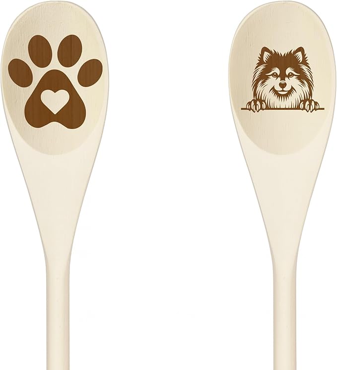 JAPANESE SPITZ Wooden Spoons for Cooking, Serving or Decorative Kitchen Utensils Set Dog Lover Dog Mom/Dad Gift with Peeking Dog Designs, Paw Print and Dog Head, Kitchen Utensils Set of 2