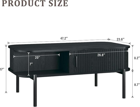 Coffee Table, 39.4" Mid Century Modern Coffee Tables for Living Room, Coffee Table with Storage Open Shelf, Fluted Table with Sliding Cabinet Door, 2-Tier Rustic Wood Desktop, Black
