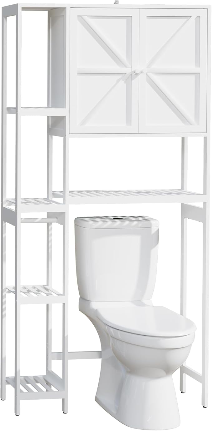 Bamboo Over The Toilet Storage, Above Toilet Organizer Storage Shelf, Tall Freestanding Behind Toilet Rack, Tiered Bathroom Space Saver Shelving, Easy Assembly (White)