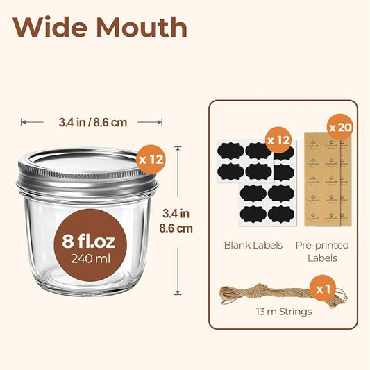 ComSaf 8 oz Wide Mouth Mason Jars, 12Pcs Glass Jars for Home Cooks Making Jam and Jelly, and Crafters Creating DIY Candles and Party Favors, Canning Jar with Lids and Rings,Includes Labels & Twine