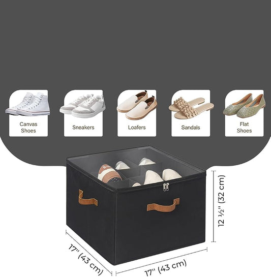StorageWorks Shoe Organizer for Closet, Fits up to 16 Pairs, Shoe Cubby Storage Containers with Adjustable Dividers and Clear Cover, Black