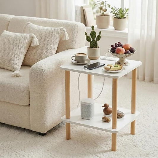 FORAOFUR End Table with Charging Station, End Tables with USB Ports and Outlets, Small Side Table for Living Room, Bedroom & Office, Two-Tier Narrow Side Table, Easy Assembly