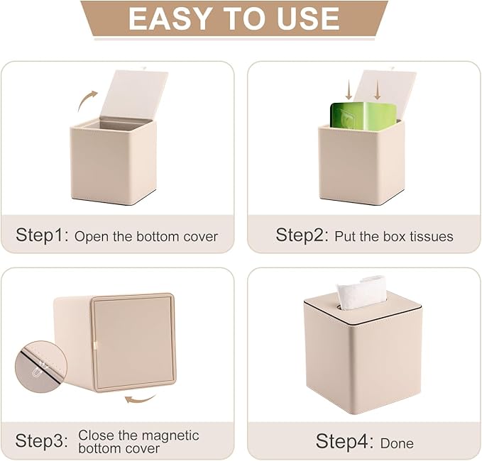 KINGFOM Leather Tissue Box Cover – Square Modern PU Leather Tissue Holder, Cube Tissue Dispenser for Home, Office, Bedroom, Bathroom – Elegant Minimalist Style (Beige-Square)