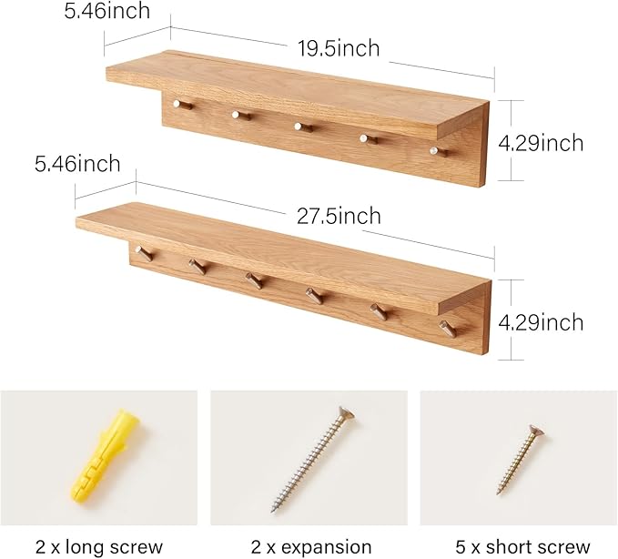 Wall Hooks with Shelf Oak Wood Coat Rack Shelf Wall Mounted, Entryway Shelves with 6 Metal Hangers for Clothes Hats Towel for Bathroom, Bedroom, Living Room (Natural, 27.5 inches)
