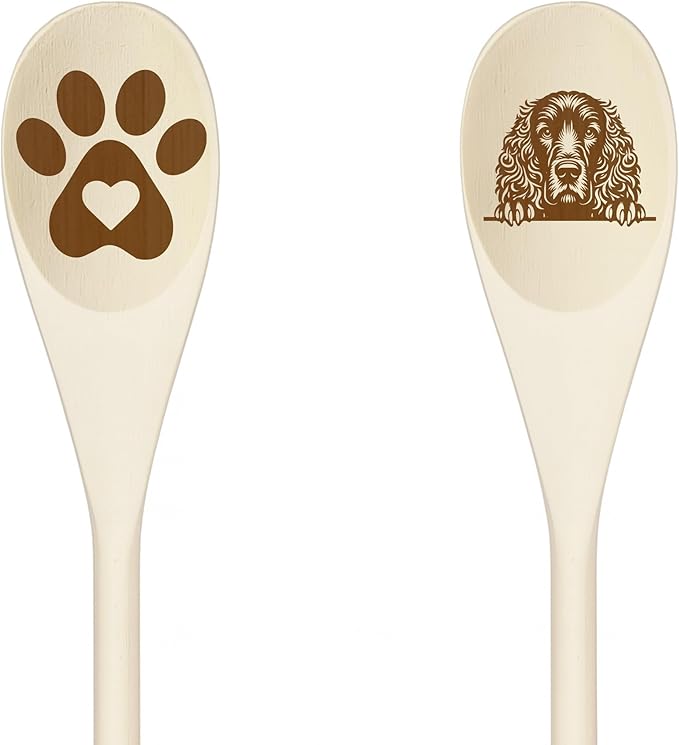 IRISH WATER SPANIEL Wooden Spoons for Cooking, Serving or Decorative Kitchen Utensils Set Dog Lover Dog Mom/Dad Gift with Peeking Dog Designs, Paw Print and Dog Head, Kitchen Utensils Set of 2