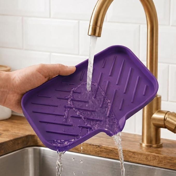 MicoYang Silicone Soap Dish with Drain Spout — Self-Draining Sink Organizer Tray for Bathroom & Kitchen, Sponges, Dispensers & Soap Holder, Non-Slip & Dishwasher Safe, Purple (Medium, 9.6"×5.3")