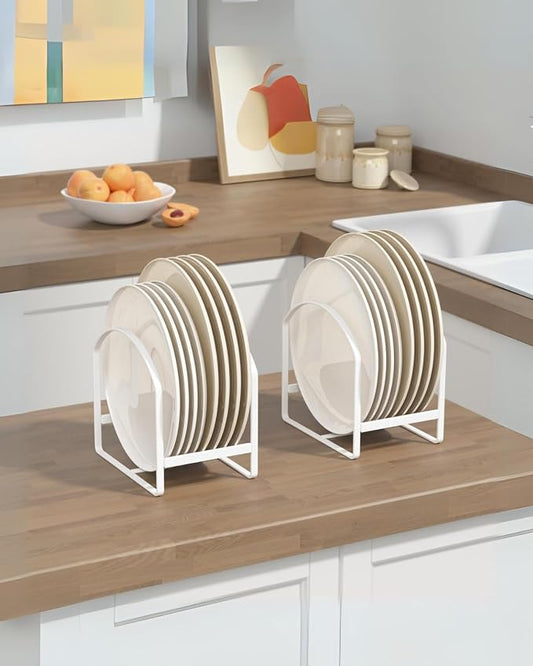 2 Pack Kitchen Plate Holder Organizer for Cabinet Space Saver Dinner Dish Storage Rack Upright Dish Drying Racks Metal Plate Dish Racks Stand for Cupboard and Countertop Rustproof Large White