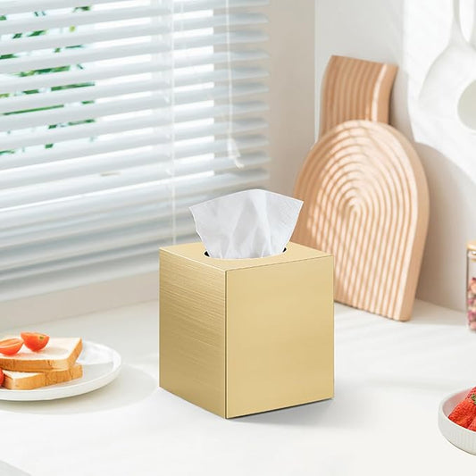 2 Pack Tissue Box Cover, Square Acrylic Tissue Holder, Decorative Facial Tissue Box Vessel Cube Paper Organizer Dispenser for Bathroom Office, Night Stand, Desk, Car, Vanity, Countertops, Gold