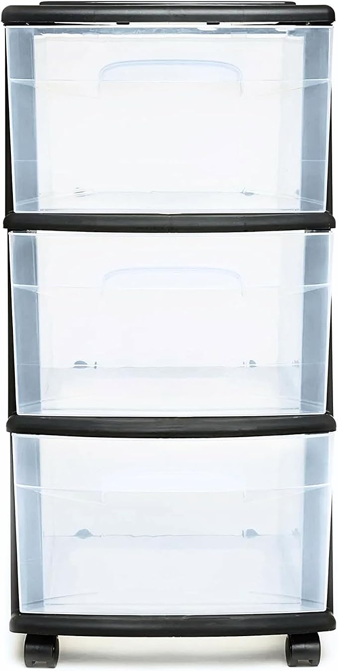 HOMZ 3-Drawer Storage Cart, Plastic Home and Office Organizer, Black Frame