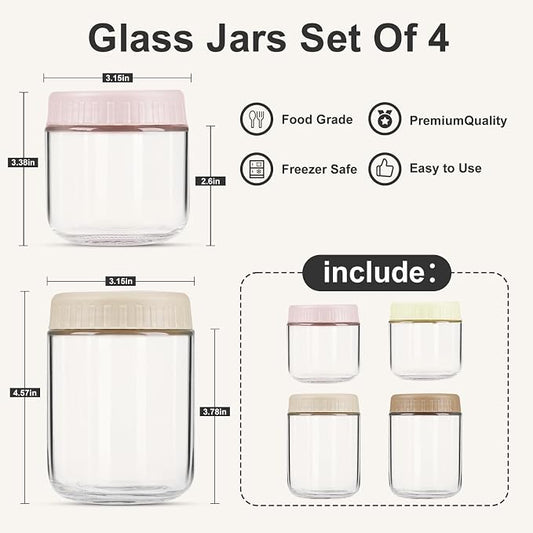 SHOWIN Overnight Oats Containers with Lids, Glass Jars with Lids 4 pcs, Wide Mouth Mason jars for Salad, Yogurt, Snacks, Meal Prep