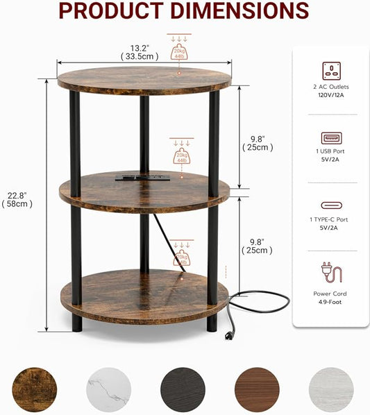 XBurmo Small Round End Table - 3 Tier Design Accent Table, Narrow Side or Bedside Stand, Industrial Vintage Table for Small Spaces, Built-in USB Ports and Power Outlet, Rustic Brown