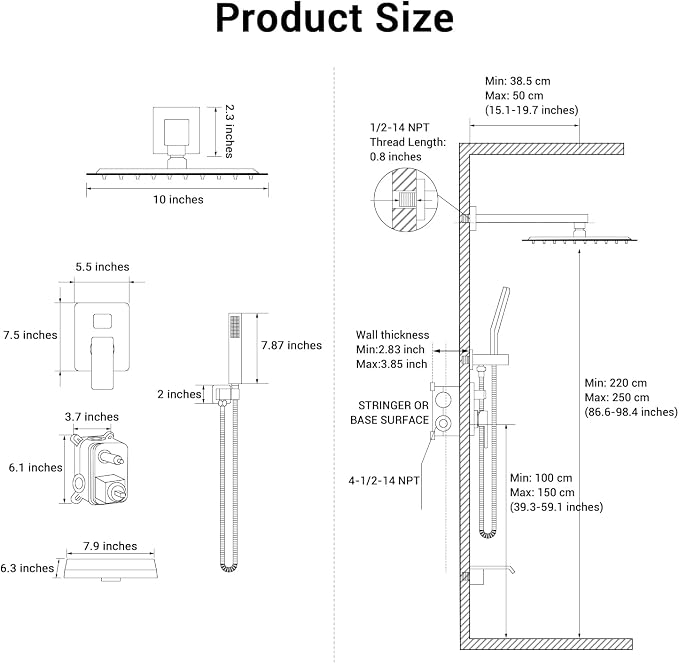 Rain Shower Faucet Set Wall Mounted Rainfall with Tub Spout Shower Head System Rough-in Valve Body and Trim Included Brush Gold (10 Inches)