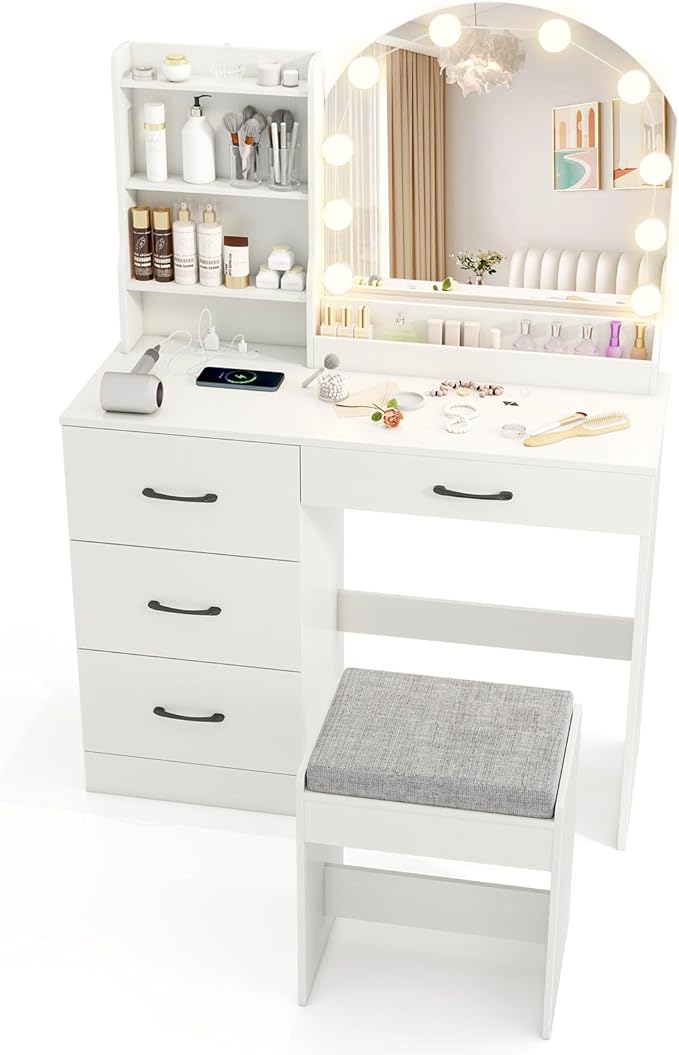 COSTWAY Vanity Desk with Mirror and Lights, Dressing Table with Charging Station, 3 Shelves, 1 Tabletop Storage Organizer, 4 Drawers and Stool, Bedroom Makeup Vanity Set for Girl, Teen, Women (White)
