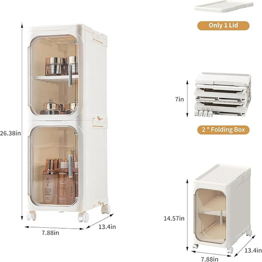 2-Tier Slim Narrow Bathroom Storage Cabinet, Cream White | Tool Free Assembly, Adjustable shelves, Fits for Narrow Spaces, Lockable Wheels, Magnetic Clear Door