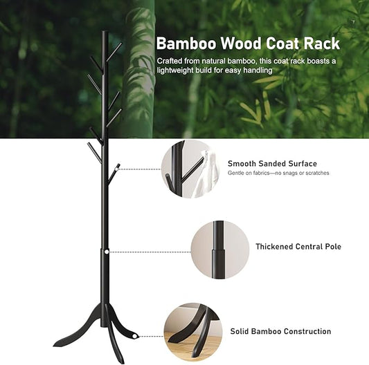 kiplant Black Coat Rack Stand, Bamboo Wood Freestanding Coat Tree with 8 Hooks, Hallway Entryway Hat Hanger Organizer Standing for Bedroom, Office, Clothes, Jackets, Bags, Umbrallas