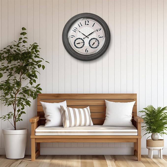 Presentime & Co. 18 Inch Illuminated Outdoor Clock, Waterproof Lighted Large Wall Clock with Thermometer & Hygrometer, Elegant & Vintage Home Decor for Garden, Patio, Pool, Grey Stone Finish