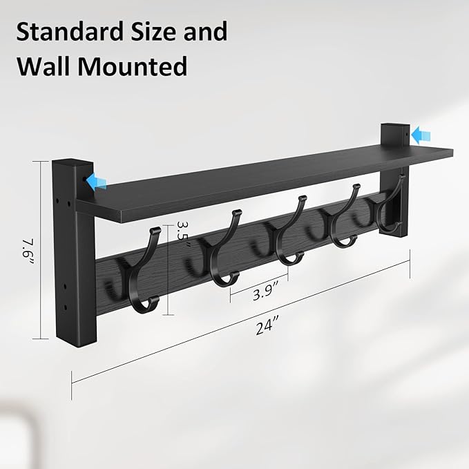 Coat Rack Wall Mount with Shelf, 24 Inch Coat Hanger Walls Mounted, Hat Rack for Walls, Shelf with 5 Coat Hooks, Wall Hanger for Entryway (Black)