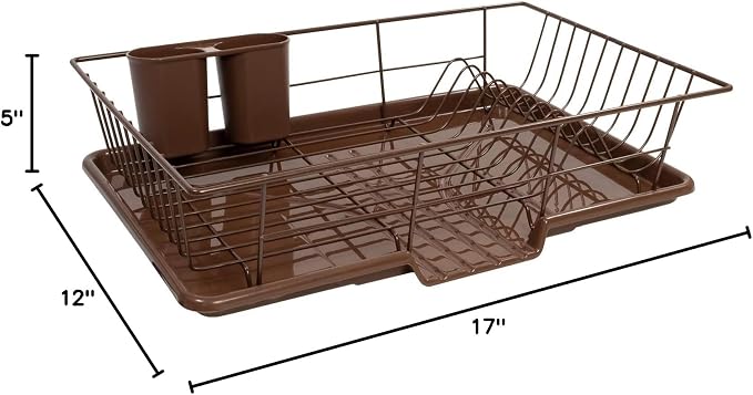 Sweet Home Collection Space-Saving 3-Piece Dish Drainer Rack Set: Efficient Kitchen Organizer for Quick Drying and Storage - Includes Cutlery Holder and Drainboard - Maximize Countertop Space, Bronze