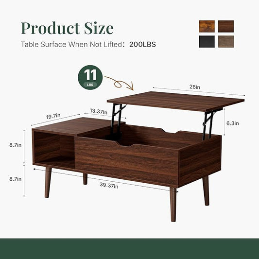 Wood Lift Top Coffee Table with Hidden Storage Compartment & Open Shelf, Multi-Functional Wooden Tabletop Dining Table for Living Room, Home Small Space
