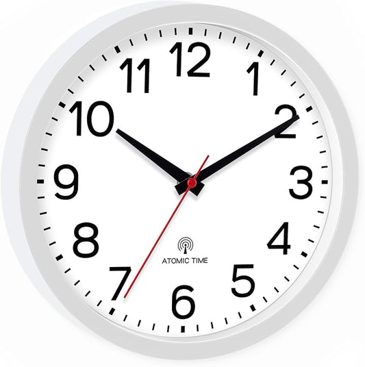 AKCISOT Atomic 10 Inch Wall Clock, Analog Indoor Battery Operated Clock for Kitchen Bedroom Office Classroom Living Room (White)