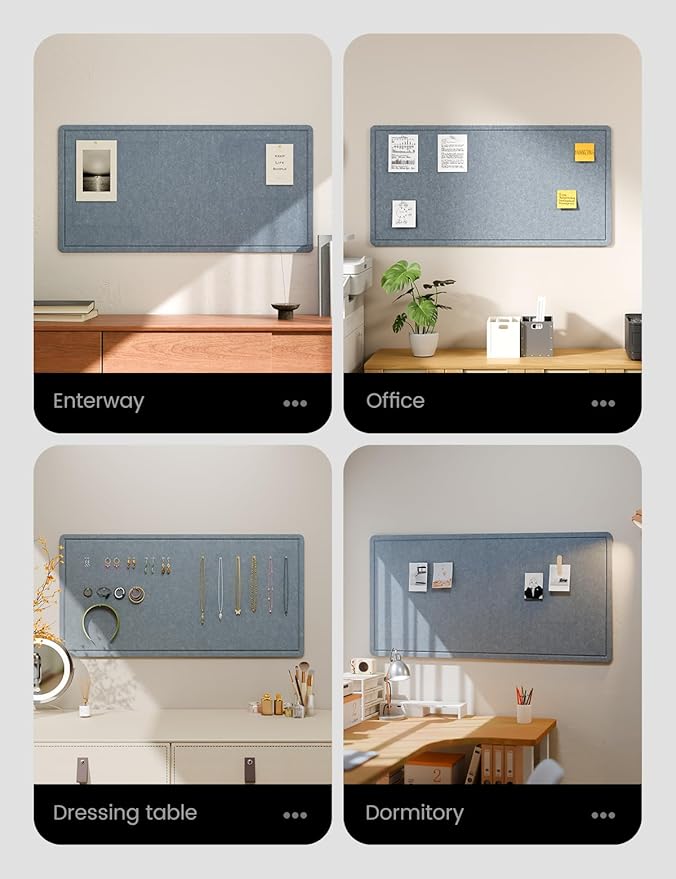 Fluxynara Bulletin Board, 35" x 17.5" Cork Board Alternative with 12 Safe Removable Adhesive Tabs, Foldable Felt Pin Board for Home Office, Classroom, Bedroom,Entryway for Walls— Blue Gray