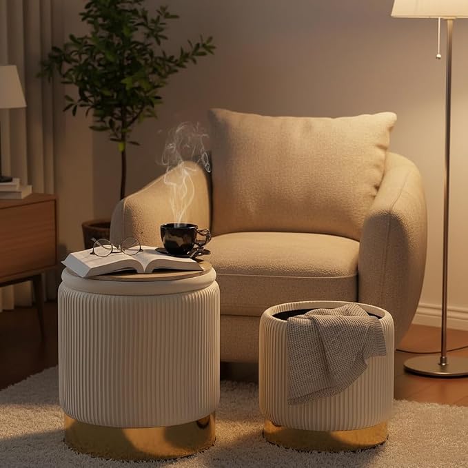 Velvet Round Ottoman Set of 2 with Storage 12 Gallon Capacity - Multi-Functional Stool for Living Room, Footrest, Vanity Seat, Coffee Table, Sturdy 300lb Capacity(Cream White)