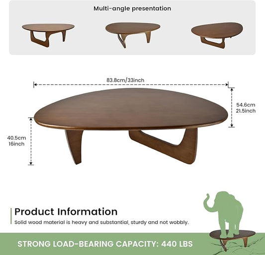 Modern Triangle Coffee Table: Unique Funky Soild Wood Coffee Tables for Living Room, Wooden Oval Mid-Century Modern Abstract Tea Tables for Patio Office Balcony (Walnut, 33" L x 22" W x 16" H)