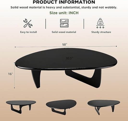Solid Wood Triangle Coffee Table,Unique Mid Century Modern Oval Coffee Table,Irregular Geometric Tea Tables for Home Living Room with Wooden Tabletop and Reinforced Legs Black 50" L x 31" W x 16" H