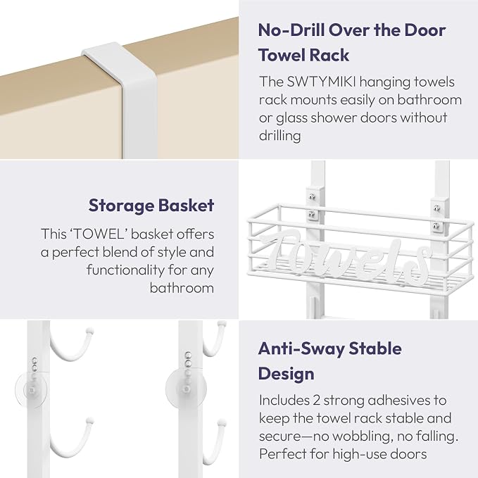 SWTYMIKI Hanging Towel Racks for Bathroom - 9 Tier Over the Door & Wall Mounted Bath Rolled Towel Storage Organizer Holder for Small Bathroom, RV, Camper, White (Patented)