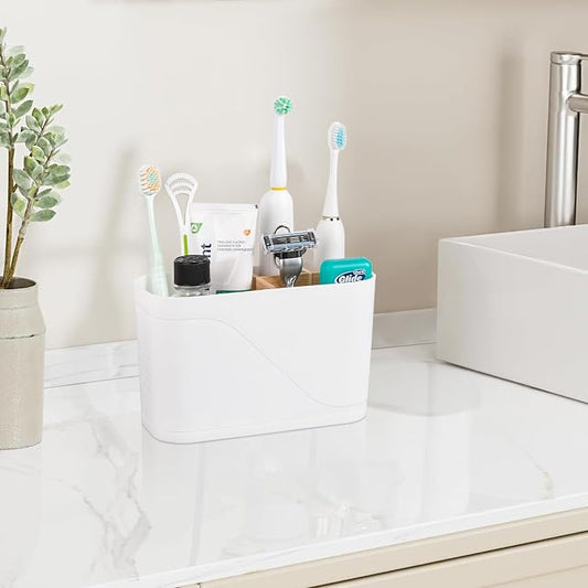 Toothbrush Holders for Bathrooms, Electric Tooth Brush Holder with Bamboo Dividers Kids Toothbrush and Toothpaste Organizer for Bathroom Countertop Accessories Storage, 4 Slots, White