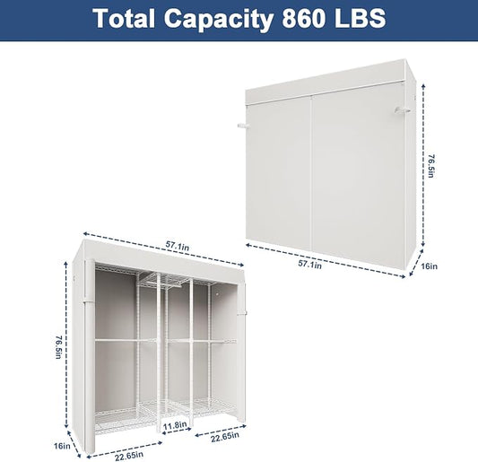 Ulif E12C Heavy Duty Closet Organizer System,Freestanding Clothing Rack, Adjustable Garment Rack 57.1" W x 16" D x 76.5" H Holds 860 lbs, White Clothing Rack with White Dustproof Cover