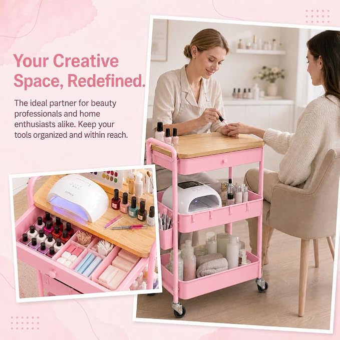 3 Tier Pink Rolling Cart with Drawer for Makeup Storage, Metal Utility Cart with Wheels, Make up Shelf Hair/Lash/Nail Polish/Skincare/Perfume Organizer, Floor Storage Vanity Carts for Bathroom,Salon