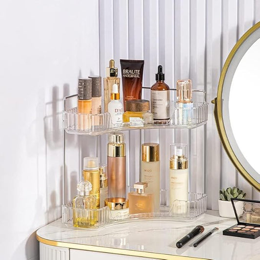 Corner Bathroom Counter Organizer, Vanity Trays for Bathroom, Skincare Makeup Organizer Shelf, Shelf Cosmetics, Toiletries, Lotions, Perfumes (2 Tiers, Clear)