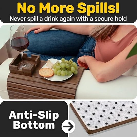 FUN FOREST Bamboo Couch Holder - Non-Slip Furniture Protector, Sofa Armrest Table for Mugs & Tumblers – Weighted 16” Large Brown Bamboo Holder for Recliners and Loveseats