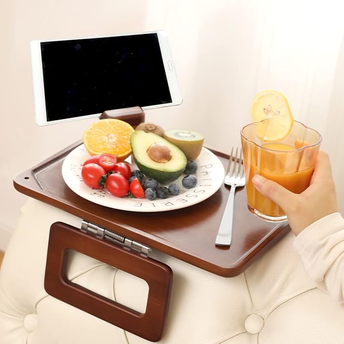 Smatdecis Couch Arm Tray Table Sofa Arm Clip, Armrest Tray Table Suitable for Home Drinks/Fast Food/Fruit Etc, Large Size Multi-Function Brown(360° Rotating Stand B)
