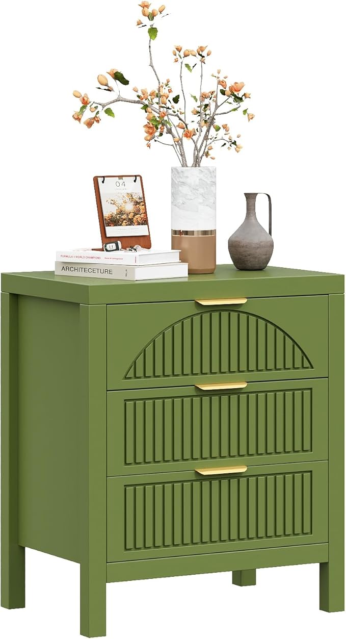 3 Drawer Dresser, Farmhouse Fluted Chest of Drawers, Wooden End Table, Mid- Century Modern Bedroom Nightstand Side Table for Bedrooms, Closets, Hallways, and Entryways, Green