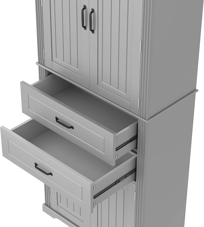 Storage Cabinet,Tall Freestanding Cabinet with Adjustable Shelf | Tall storage cabinet, 4-door design, 5+ shelves, upper door shelves, and 2 pull-out compartments for organized storage