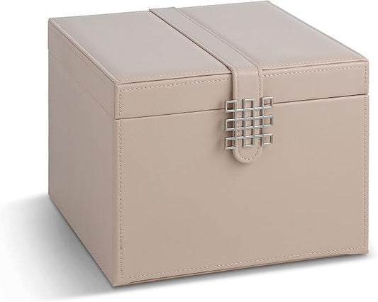 Glenor Co Earring Organizer Holder - 75 Small & 4 Large Slots Classic Jewelry Box with Drawer & Modern Closure, Mirror, 4 Trays Earrings, Ring or Chain Storage - PU Leather Case - Sand