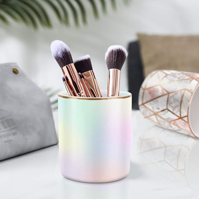 WAVEYU Cute Pen Holder for Desk, Pencil Cup Holder Desktop Stationery Makeup Brush Organizer Decor for Teen Girls Durable Ceramic Desk Organizer for Office, Classroom, Home, Colorful