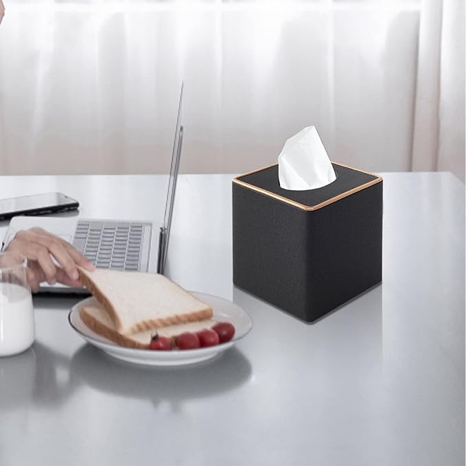 Linen Square Tissue Box Cover,Cube Tissue Box Holder-Excellent Rosegold Leather Decoration,Table Napkin Case Dispenser,Facial Tissues Organizer with Magnetic Bottom for Home Office Car(Black)