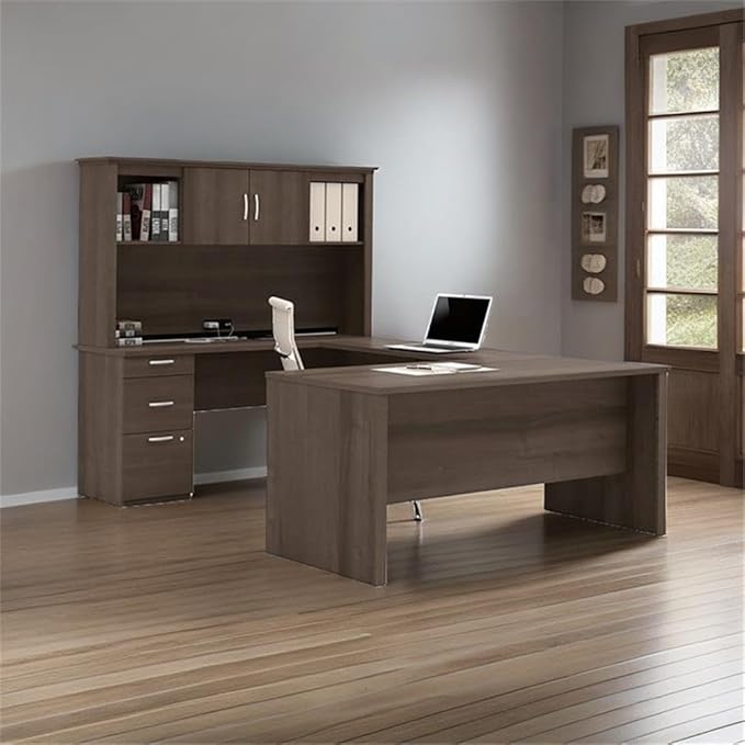 Atlin Designs 66" W x 95.5" D Modern Contemporary U-Shaped Wood Computer Desk with Hutch, for Home Office, Fully Reversible Unit, in Mahogany Finish
