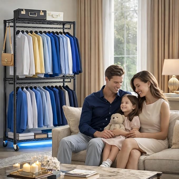 Heavy Duty Clothes Rack with Wheels, 43"W x 18"D x 81"H Rolling Garment Rack, 800 lb Capacity, 3-Tier Adjustable Shelves, Double Hanging Rods, 6 Hooks, Portable Closet Organizer, Tool-Free Assembly