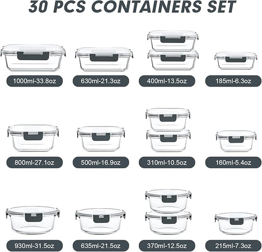 VERONES 30 Pieces Glass Meal Prep Containers Set, Stackable Glass Food Storage Containers with Lids-Airtight Lunch Containers,for Microwave, Oven, Freezer & Dishwasher,Grey
