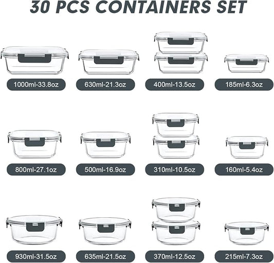 VERONES 30 Pieces Glass Meal Prep Containers Set, Stackable Glass Food Storage Containers with Lids-Airtight Lunch Containers,for Microwave, Oven, Freezer & Dishwasher,Grey