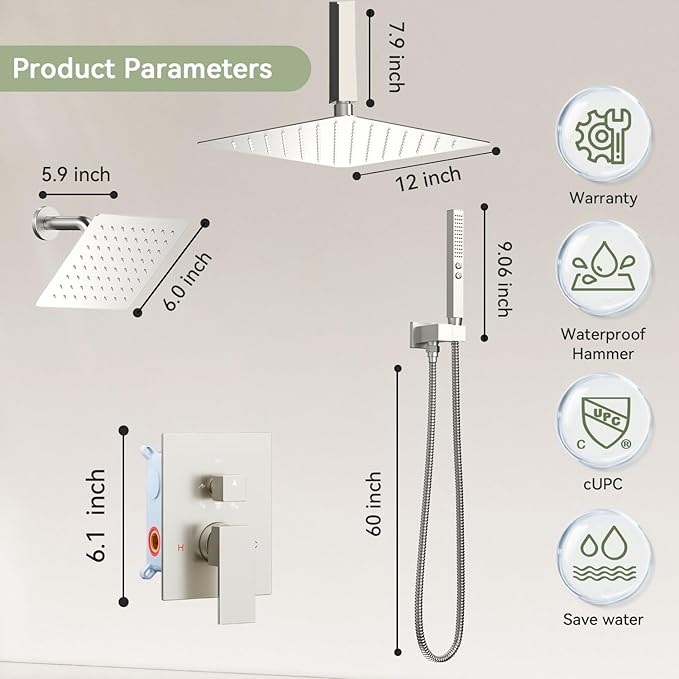 Shower Faucet Set Brushed Nickel Shower System,Bostingner Five Function Diverter Dual Head Shower Set,12'' Ceiling Mount and 6’‘ Wall Mount Rainfall Shower System with 2 in 1 Handheld Spray