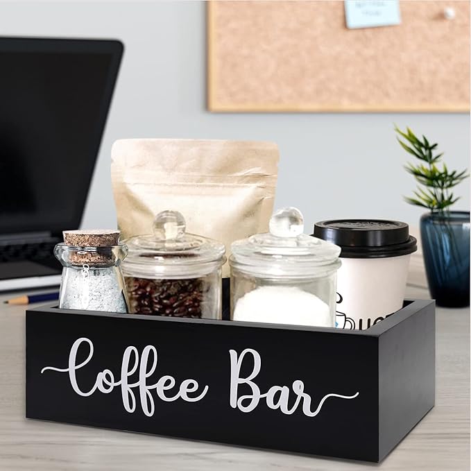 Coffee Station Organizer Coffee Bar Wood Countertop Accessories for Home Office Kitchen Countertop Organizer Condiment Station Storage Farmhouse Coffee Bar Decor 12"L x 6.6"W x 3.6"H, Black