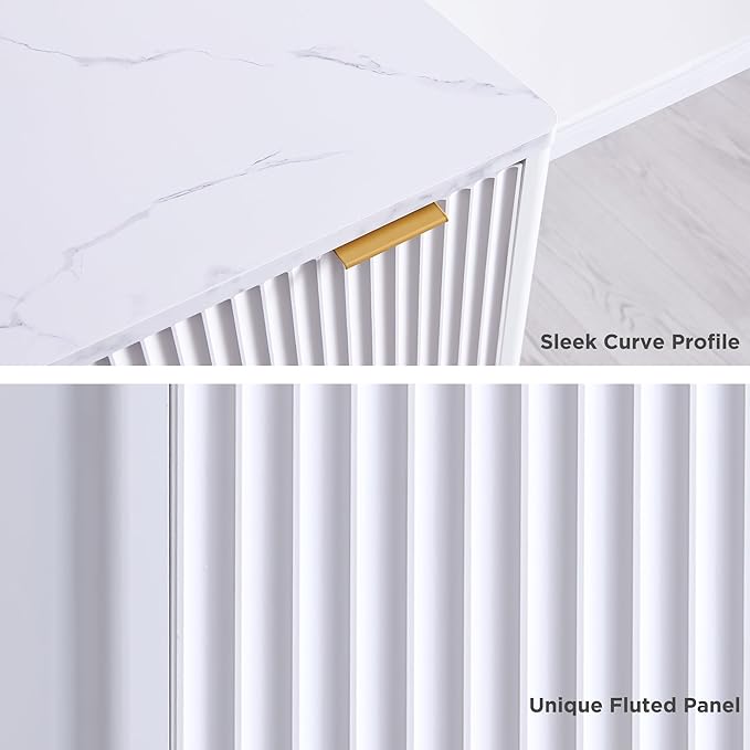 T4TREAM 60'' Fluted Executive L Shaped Desk, Modern Home Office Desk with Charging Station and File Drawer, Computer Corner Desks with Drawers & Storage Cabinet for Office Home, Bedroom,Solid White