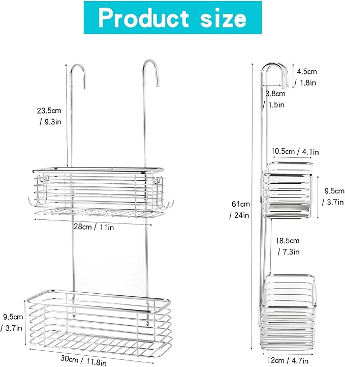 YQh Stainless steel double-layer shower rack, shower room hanging bathroom organizer, storage rack installed on the hanging bar or door, can store shampoo, hair conditioner, shower gel